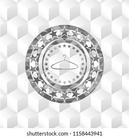 hanger icon inside grey emblem with cube white background
