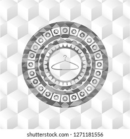 hanger icon inside grey emblem. Vintage with geometric cube white background