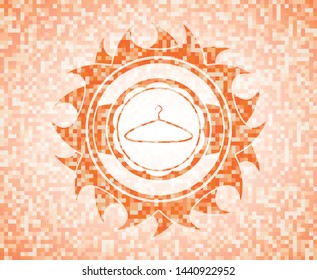 hanger icon inside orange tile background illustration. Square geometric mosaic seamless pattern with emblem inside.