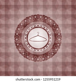 hanger icon inside red emblem or badge with abstract geometric pattern background. Seamless.