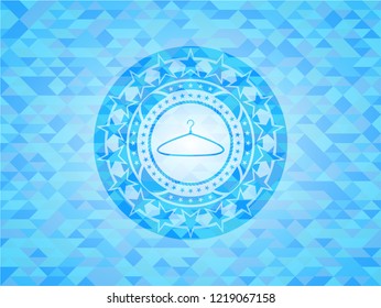 hanger icon inside sky blue emblem with mosaic ecological style background