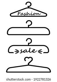 Hanger icon isolated on white background. Set of cute hangers with sales and fashion slogans. Hanger with hearts.