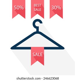 Hanger icon with labels. Flat design. Vector illustration