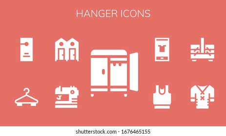 conjunto de iconos de suspensión. 9 iconos de suspensión rellenos.  Iconos modernos sencillos, como: Armario, coser, vestir, colgar, ropa de puerta, coser, moda