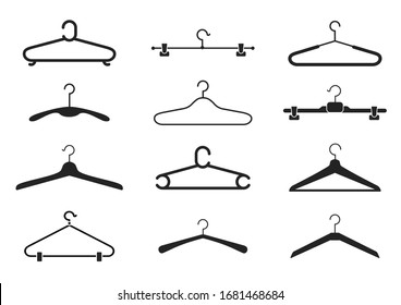 Hanger Icon Set, Accessory Wardrobe Clothing And Wear. Boutique, Cloakroom Or Shop Storage. Vector Hanger Symbols Illustration