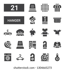 hanger icon set. Collection of 21 filled hanger icons included Threader, Embroidery, Door hanger, Laundry, Clothes, Wardrobe, Thimble, Yarn, Clothes Shower cap