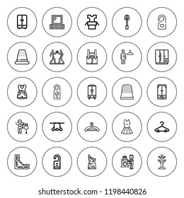 Hanger icon set. collection of 25 outline hanger icons with carpet beater, coat stand, clothes, dressing table, hang out, fitting room, fashion designer icons. editable icons.