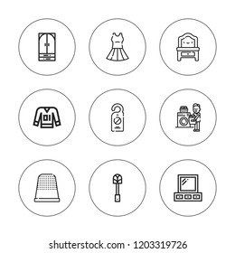 Hanger icon set. collection of 9 outline hanger icons with carpet beater, clothes, door hanger, dressing table, fashion, laundry, thimble icons. editable icons.