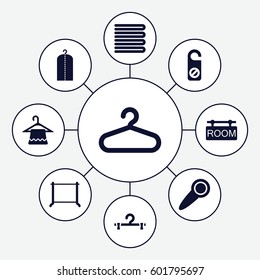 hanger icons set. Set of 9 hanger filled icons such as towels, do not disturb, room tag