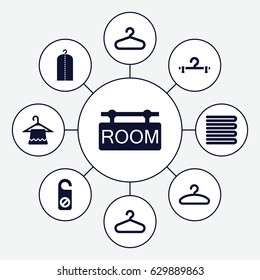 Hanger icons set. set of 9 hanger filled icons such as towels, do not disturb
