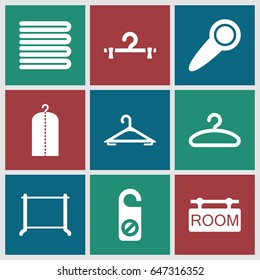 Hanger icons set. set of 9 hanger filled icons such as towels, do not disturb, room tag