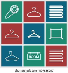 Hanger icons set. set of 9 hanger filled and outline icons such as towels, hanger, room tag