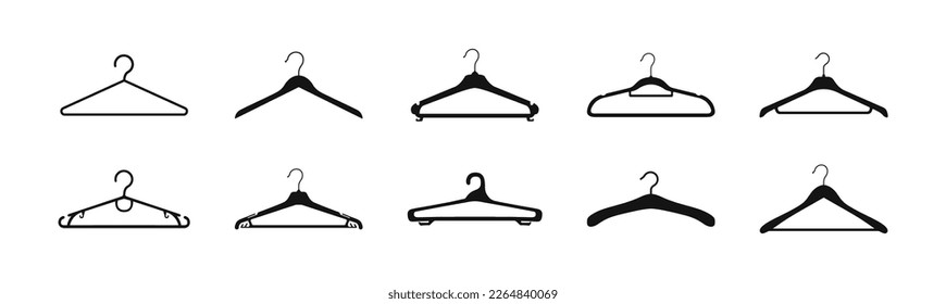 Iconos de percha. Se colgaron varias prendas de ropa. Ilustración vectorial.
