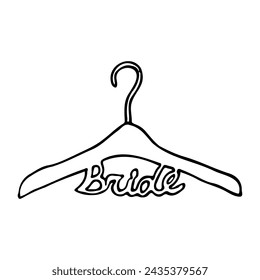 hanger with the inscription Bride. hand drawn illustration wedding bride dress hanger