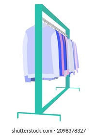 Hanger with lots of clothes in trendy colors isolated on white background. Clothes on hangers in the store. Vector illustration