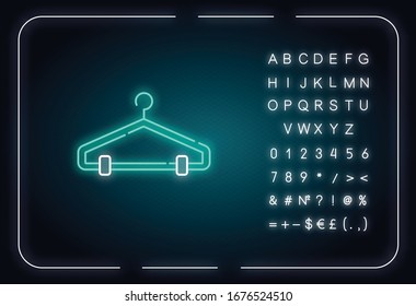 Hanger neon light icon. Clothes rack, clothing hook, wardrobe item, empty cloakroom attribute. Outer glowing effect. Sign with alphabet, numbers and symbols. Vector isolated RGB color illustration