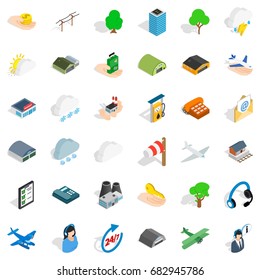 Hanger for plane icons set. Isometric style of 36 hanger for plane vector icons for web isolated on white background