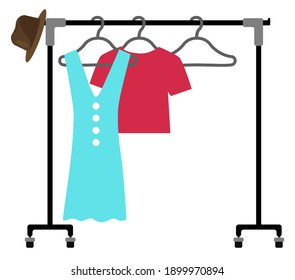 Hanger rack with male and female clothes. Flat style vector illustration. Casual garment hanging on portable rolling metal commercial stand. Everyday outfit sale concept. New fashion collection.