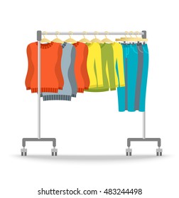 Hanger rack with warm women clothes winter collection. Flat style vector illustration. Female casual outfit elements hanging on rolling display stand. Sweaters, jeans, pullovers. Retail shop furniture