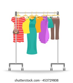 Hanger rack with women clothes collection. Flat style vector illustration. Female casual garment hanging on rolling metal commercial stand. Summer sale fashion concept. Dresses, shirts, skirts, pants