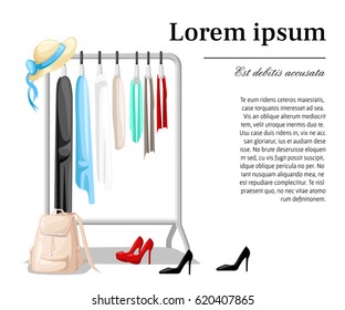 Hanger racks with clothes on hangers. Flat design style modern vector illustration concept
