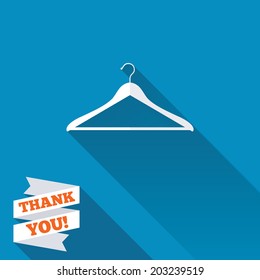 Hanger sign icon. Cloakroom symbol. White flat icon with long shadow. Paper ribbon label with Thank you text. Vector