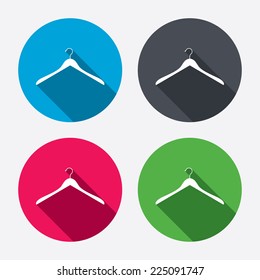 Hanger sign icon. Cloakroom symbol. Circle buttons with long shadow. 4 icons set. Vector