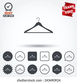 Hanger sign icon. Cloakroom symbol. Circle, star, speech bubble and square buttons. Award medal with check mark. Thank you ribbon. Vector