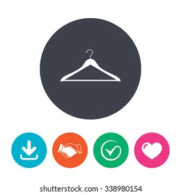 Hanger sign icon. Cloakroom symbol. Download arrow, handshake, tick and heart. Flat circle buttons.