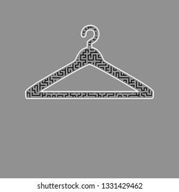 Hanger sign illustration. Vector. Black maze filled icon with white border at gray background.