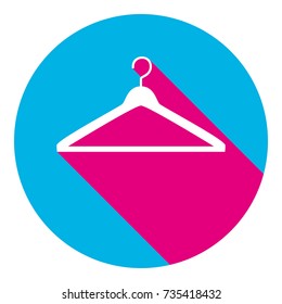 Hanger sign illustration. Vector. Flat white icon with mexican pink shadow inside sky bluecircle at white background. Isolated. Trend colors in 2017.