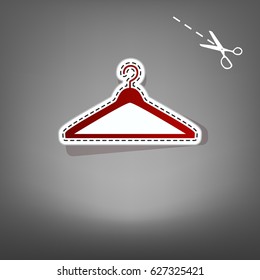 Hanger sign illustration. Vector. Red icon with for applique from paper with shadow on gray background with scissors.