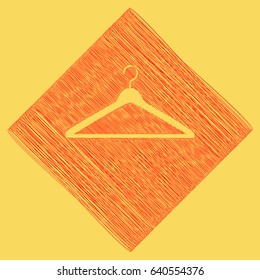 Hanger sign illustration. Vector. Red scribble icon obtained as a result of subtraction rhomb and path. Royal yellow background.