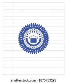 hanger with towel icon emblem drawn with pen. Blue ink. Vector Illustration. Detailed. 