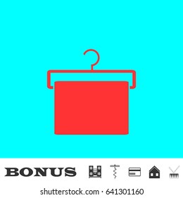 Hanger with towel icon flat. Red pictogram on blue background. Vector illustration symbol and bonus buttons Music center, corkscrew, credit card, house, drum