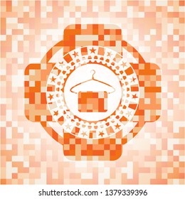 hanger with towel icon inside abstract orange mosaic emblem