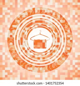 hanger with towel icon inside abstract emblem, orange mosaic background