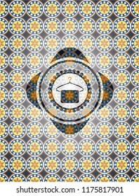 hanger with towel icon inside arabesque emblem background. arabic decoration.