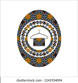 hanger with towel icon inside arabesque style badge. arabic decoration.