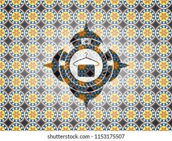 hanger with towel icon inside arabic badge. Arabesque decoration.