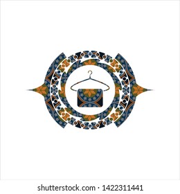 hanger with towel icon inside arabic badge. Arabesque decoration.