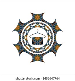 hanger with towel icon inside arabic style emblem. Arabesque decoration.