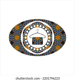 hanger with towel icon inside arabic badge. Arabesque decoration. 