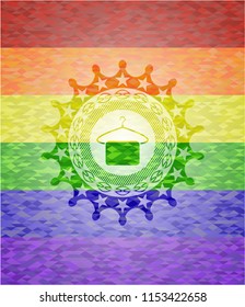 hanger with towel icon inside emblem on mosaic background with the colors of the LGBT flag
