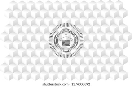 hanger with towel icon inside grey icon or emblem with geometric cube white background
