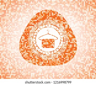 hanger with towel icon inside orange tile background illustration. Square geometric mosaic seamless pattern with emblem inside.
