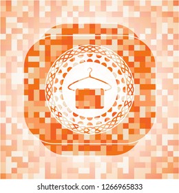 hanger with towel icon inside orange tile background illustration. Square geometric mosaic seamless pattern with emblem inside.