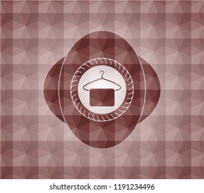 hanger with towel icon inside red emblem with geometric pattern background. Seamless.