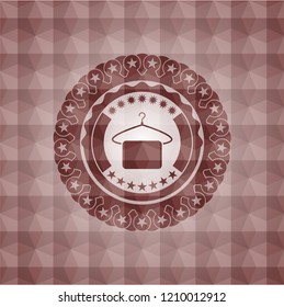 hanger with towel icon inside red badge with geometric pattern background. Seamless.