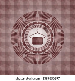 hanger with towel icon inside red emblem or badge with abstract geometric pattern background. Seamless.